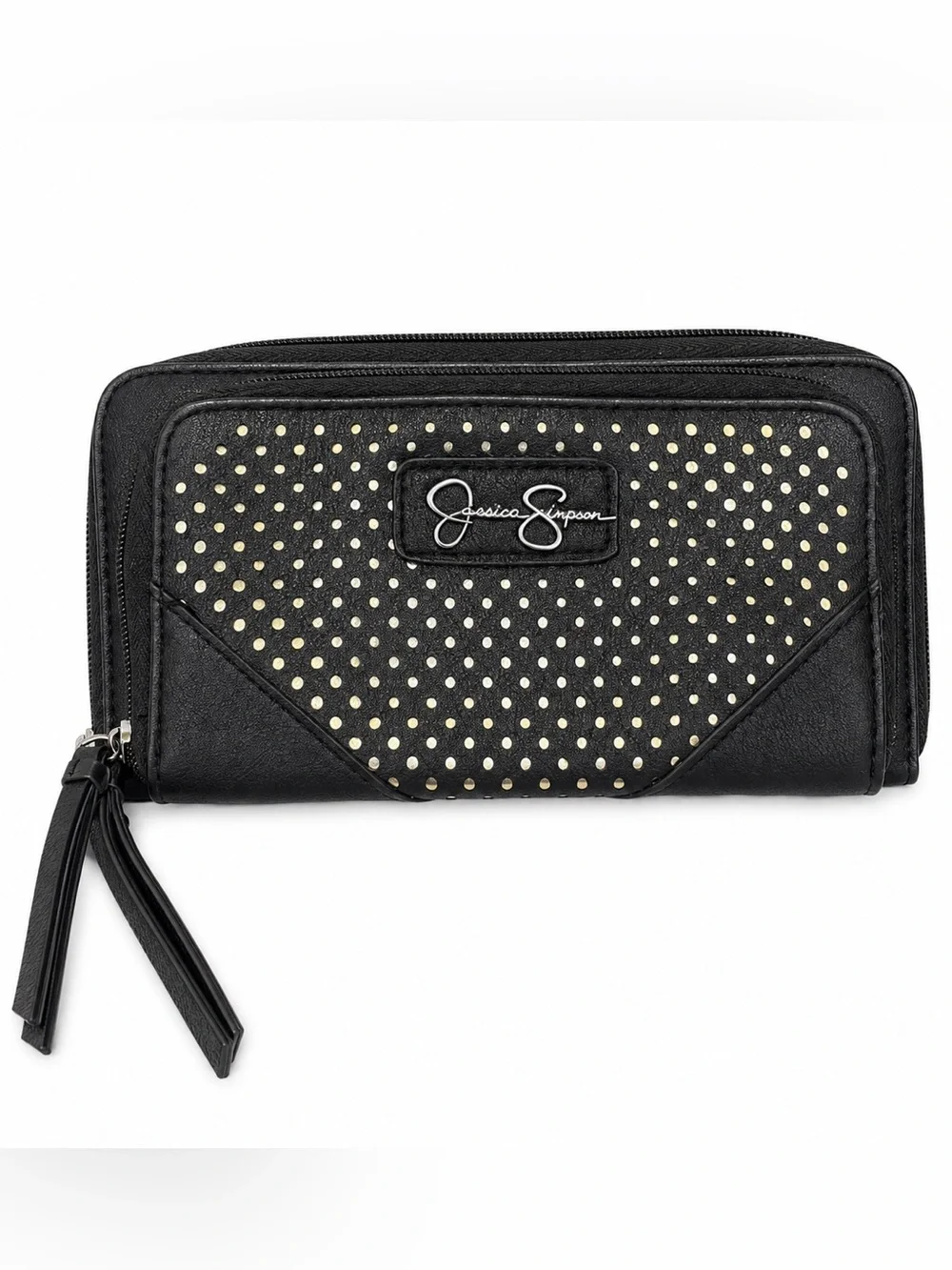 Jessica Simpson Black Dual Zip Wallet | White Stud Detail | Organizer Wristlet